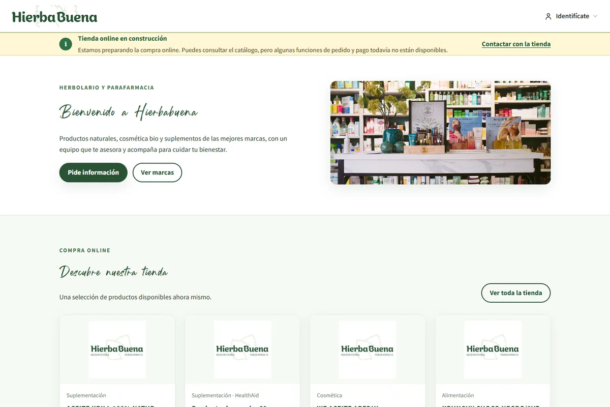 Página principal de Hierbabuena con su tienda y catálogo online